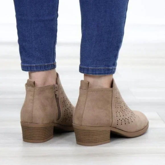 Boho Ankle Boots Taupe Suede Booties Low Heel Laser Cut Design With Zipper - Picture 3 of 11